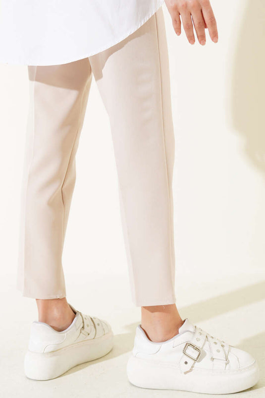 Elastic Waist Skinny Leg Trousers Beige