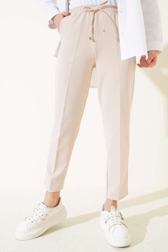 Elastic Waist Skinny Leg Trousers Beige