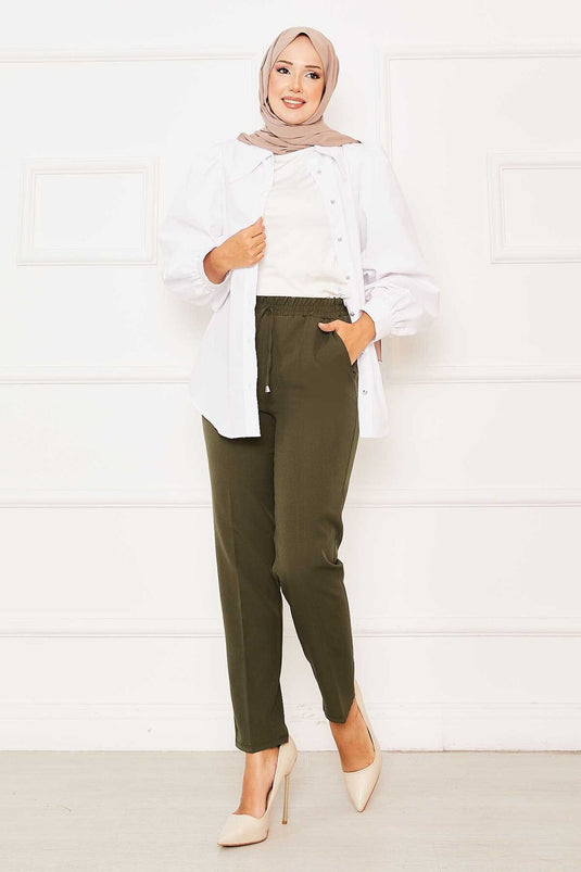 Pantalon skinny à taille élastique kaki