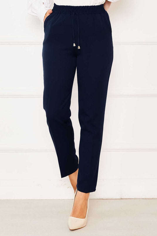 Elastic Waist Skinny Leg Trousers Navy Blue