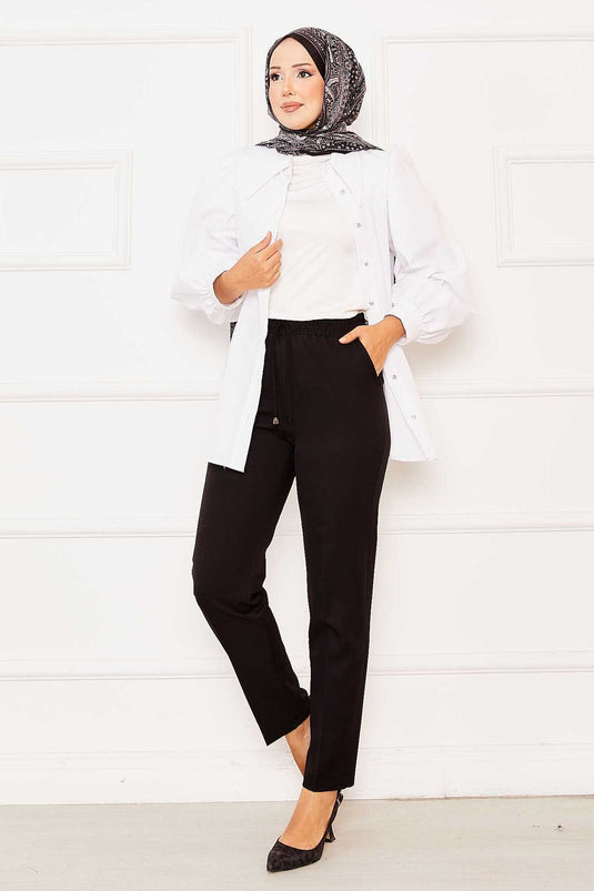 Black Elastic Waist Slim Fit Pants