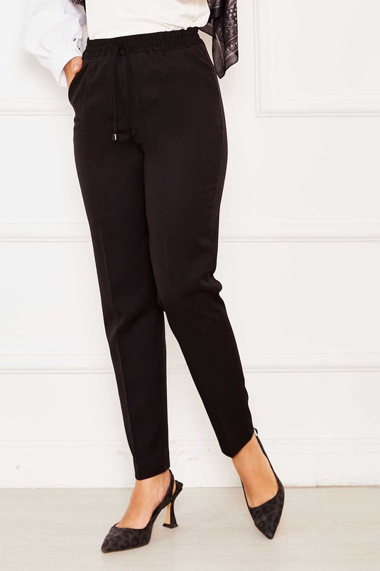 Black Elastic Waist Slim Fit Pants