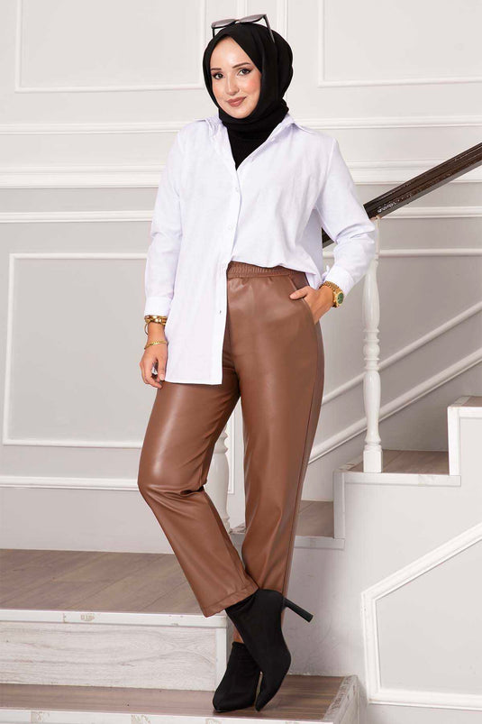 Pantaloni in pelle con elastico in vita Marrone chiaro