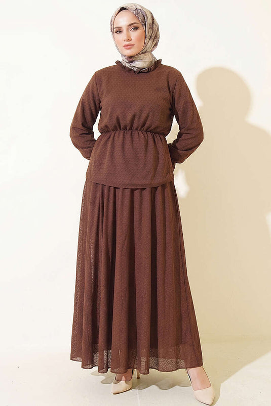 Ensemble deux pièces avec jupe élastiquée à motifs, couleur café