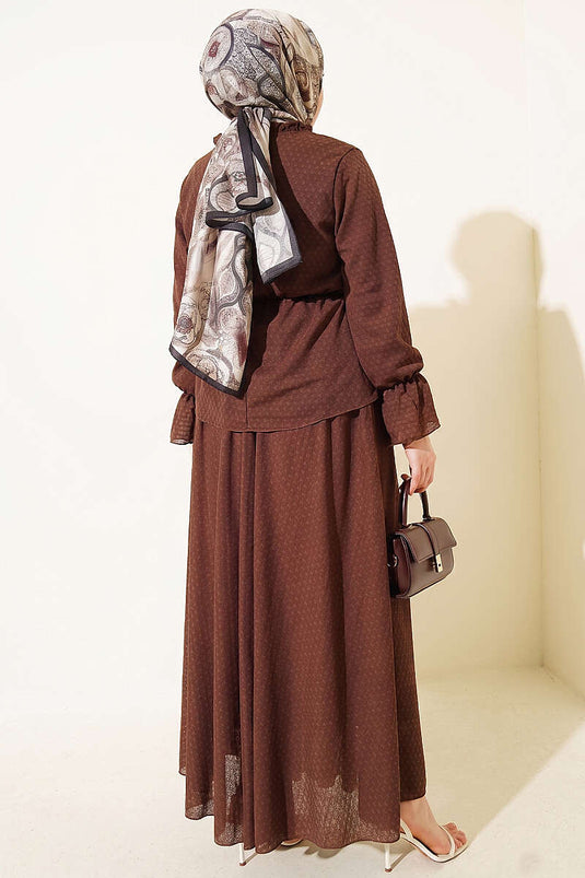 Ensemble deux pièces avec jupe élastiquée à motifs, couleur café