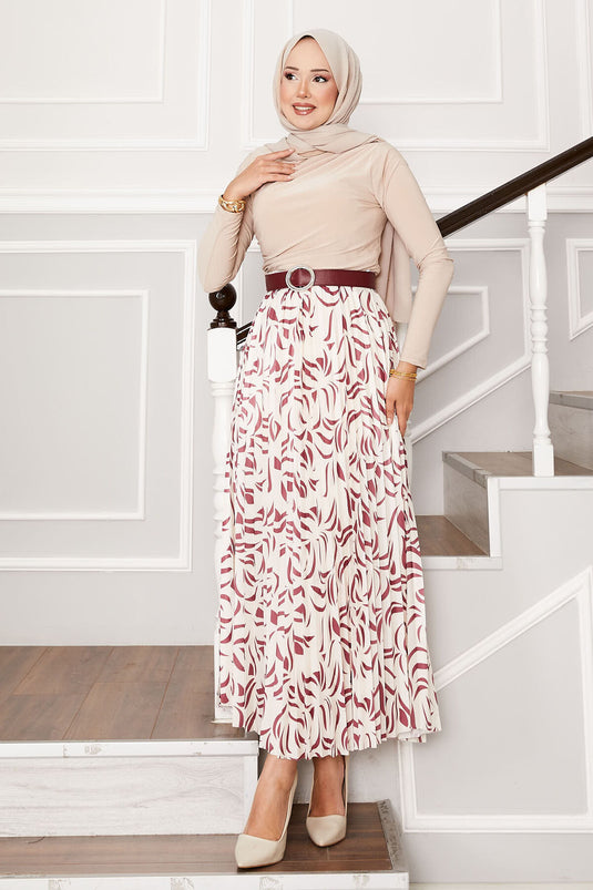 Jupe plissée à motifs à taille élastique rouge bordeaux