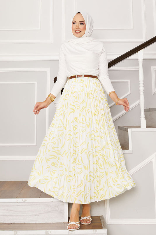 Elastic Waist Patterned Pleated Skirt Yellow