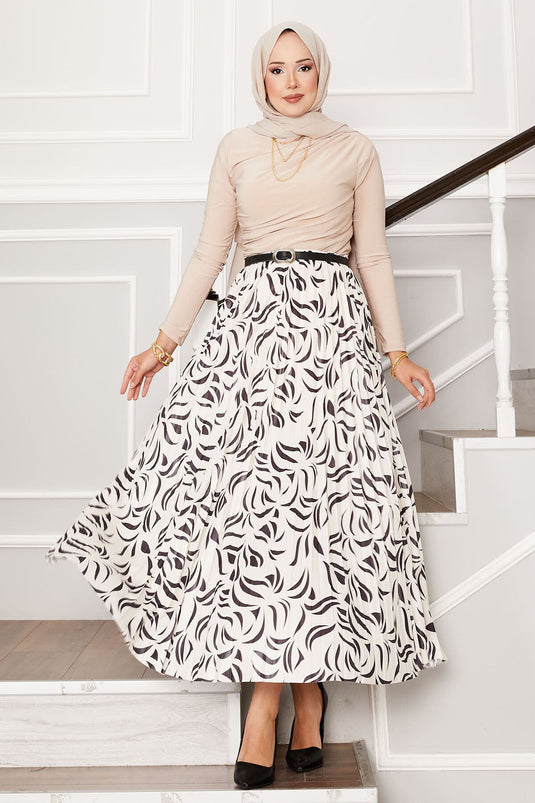 Elastic Waist Patterned Pleated Skirt Black