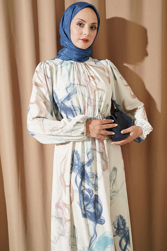 Blaue Digital Satin Kleid Mit Elastischem Bund