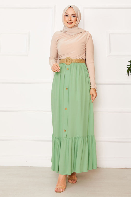 Elastic Waist Button Detailed Hijab Skirt Pistachio Green