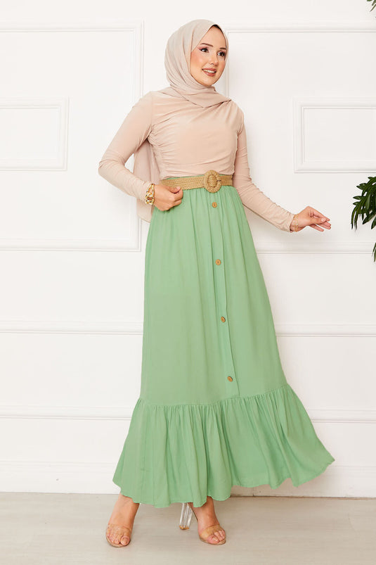 Elastic Waist Button Detailed Hijab Skirt Pistachio Green