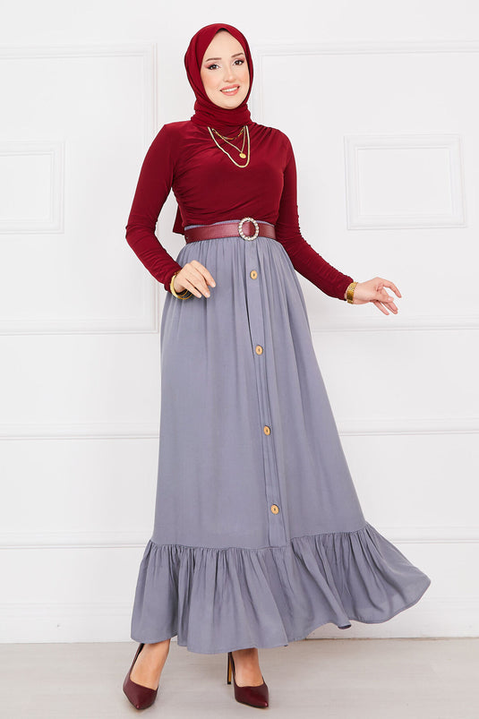 تنورة حجاب رمادية اللون مع أزرار وخصر مطاطي