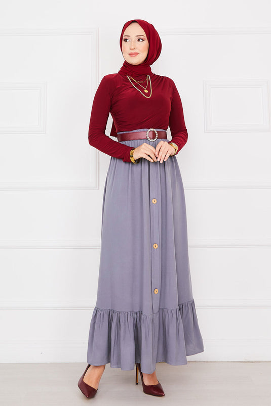 تنورة حجاب رمادية اللون مع أزرار وخصر مطاطي