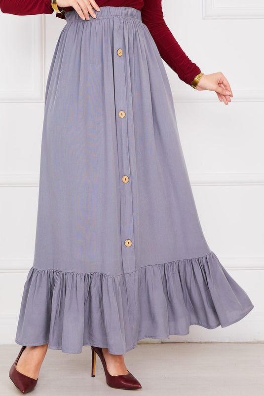 تنورة حجاب رمادية اللون مع أزرار وخصر مطاطي