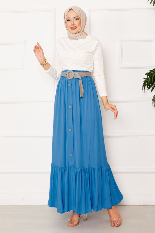 Jupe hijab à taille élastique et boutons détaillés, bleue