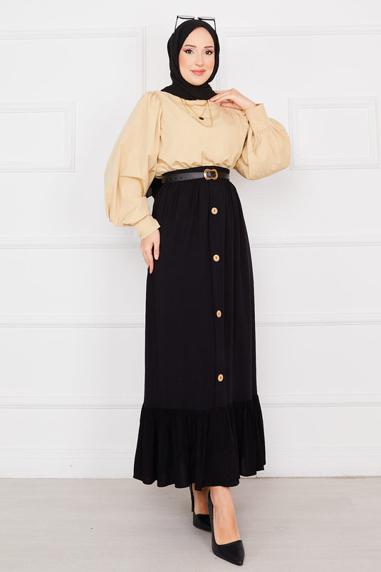 تنورة حجاب سوداء مع أزرار وخصر مطاطي