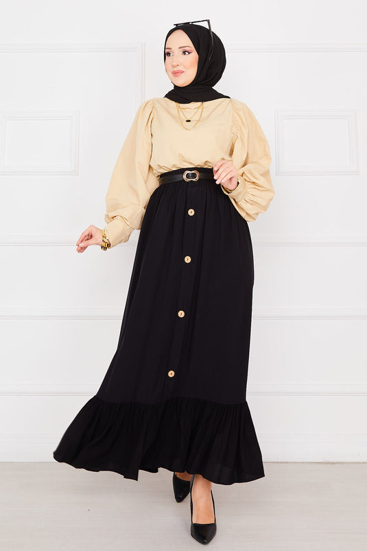 تنورة حجاب سوداء مع أزرار وخصر مطاطي