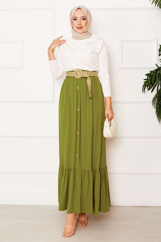 Jupe Modeste À Taille Élastique Et Boutons En Vert Olive