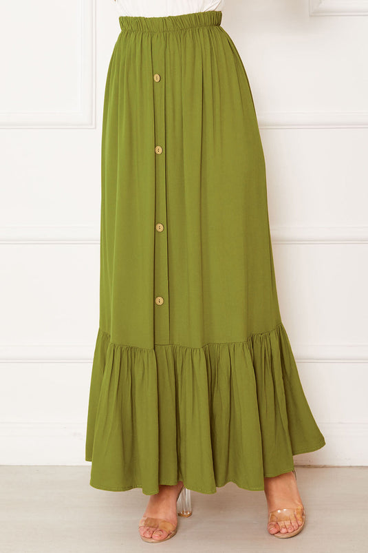 Jupe Modeste À Taille Élastique Et Boutons En Vert Olive
