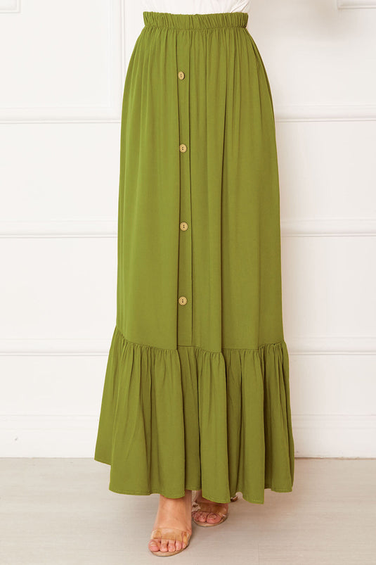 Jupe Modeste À Taille Élastique Et Boutons En Vert Olive