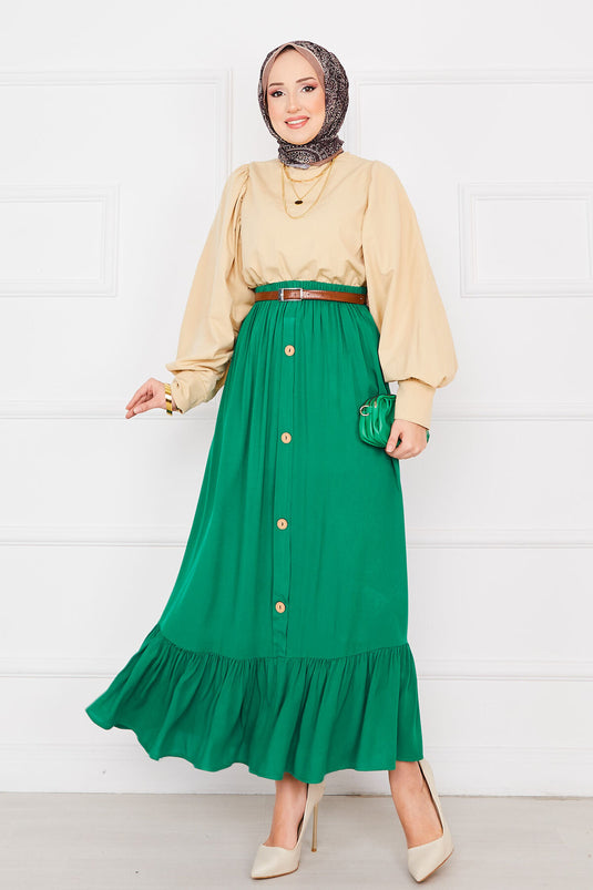 تنورة حجاب زمردية مع أزرار وخصر مطاطي