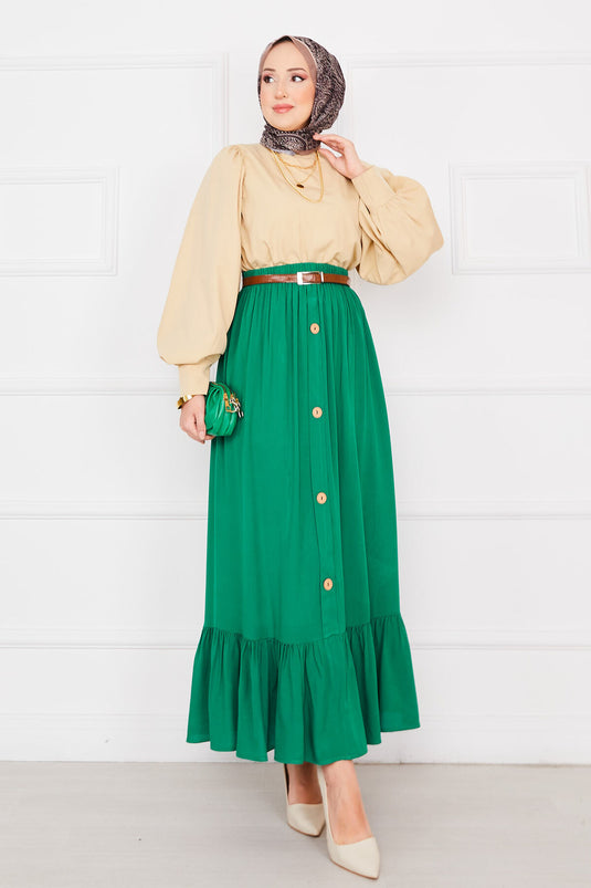 تنورة حجاب زمردية مع أزرار وخصر مطاطي