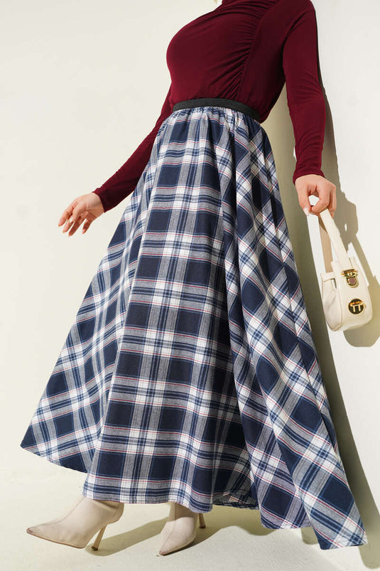 Beli Lastikli Ekose Desen Kloş Etek İndigo