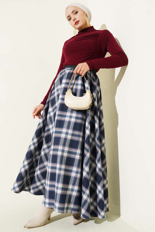 Beli Lastikli Ekose Desen Kloş Etek İndigo