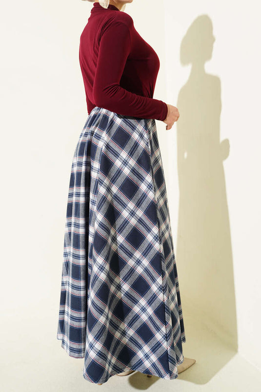 Beli Lastikli Ekose Desen Kloş Etek İndigo