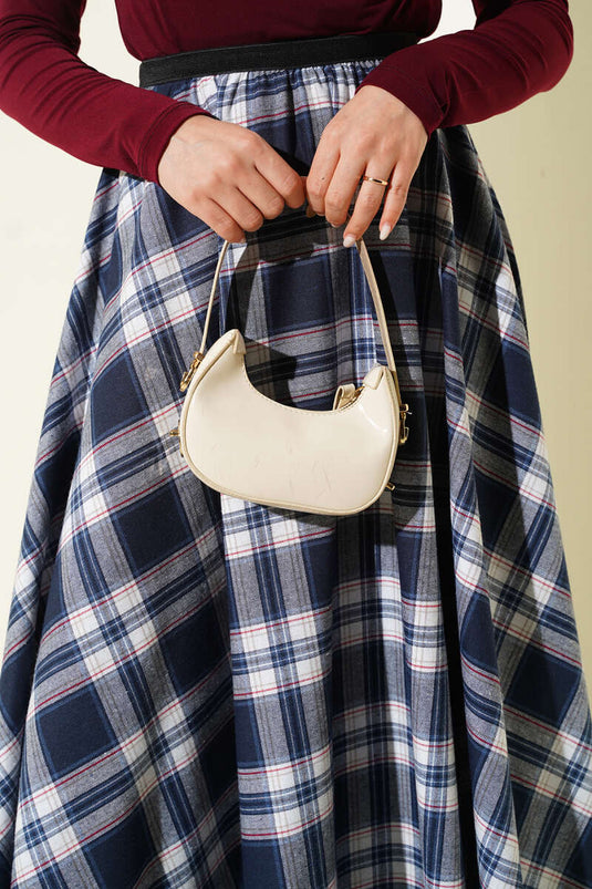 Beli Lastikli Ekose Desen Kloş Etek İndigo