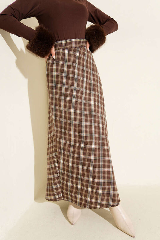 Jupe basique élastiquée à carreaux marron
