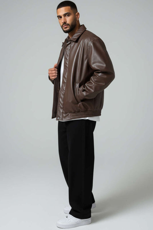 Men's Leather Jacket with Elastic Waistband, Brown