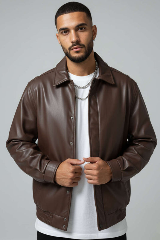 جاكيت رجالي من الجلد مع حزام خصر مطاطي، بني