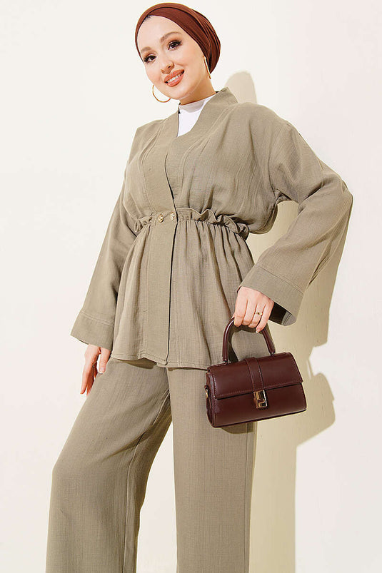 Comprar conjunto doble de muselina con volantes y elástico en color caqui