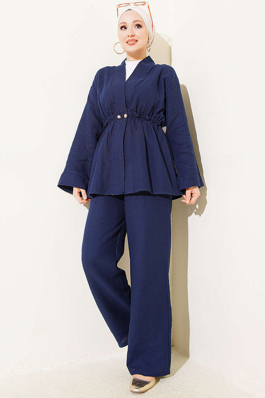 Conjunto doble de muselina con volantes y elástico azul marino