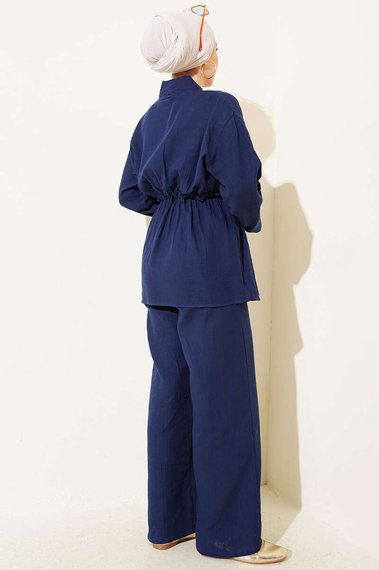 Conjunto doble de muselina con volantes y elástico azul marino