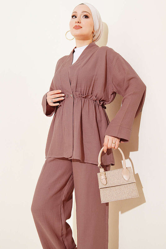 Conjunto doble de muselina con volantes y elástico Latte