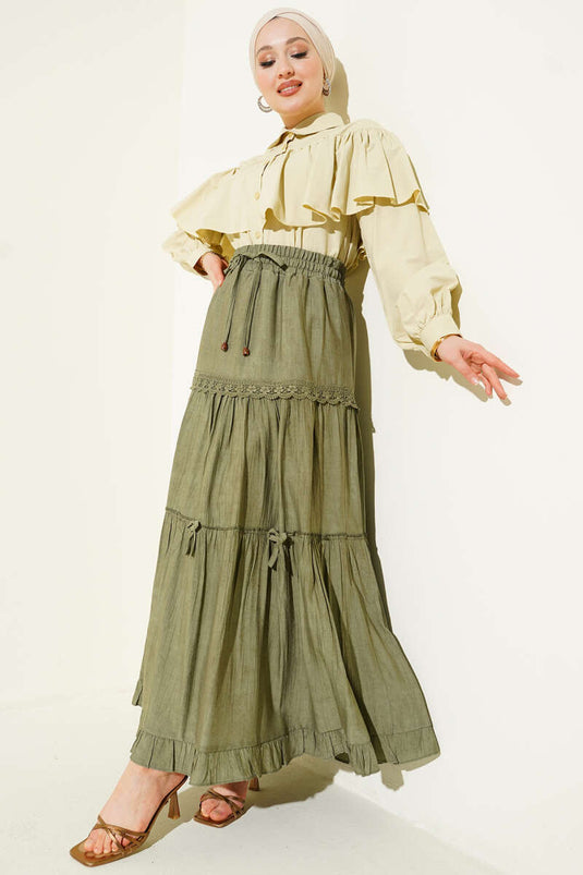 تنورة برباط مطاطي مزينة بعقدة بلون أخضر الزيتون