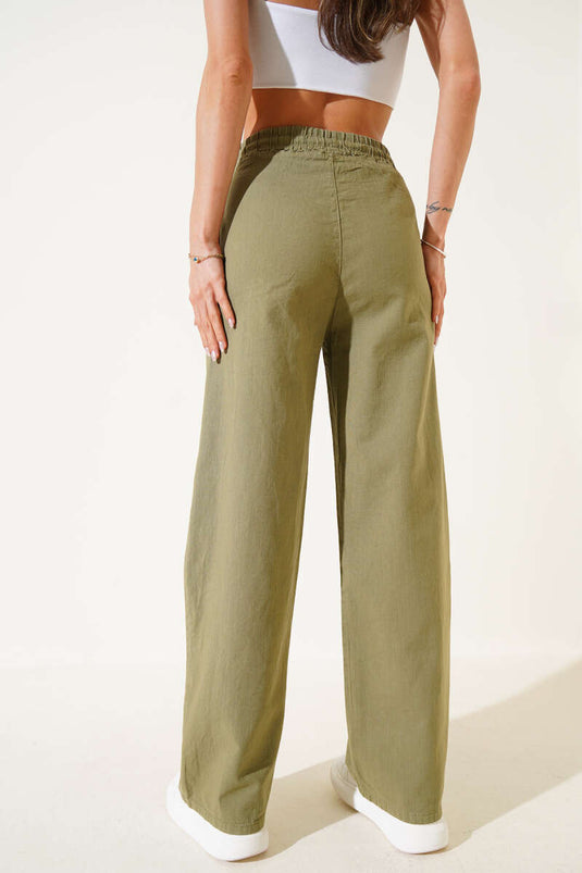 Leinenhose mit elastischem Bund und weitem Bein, Khaki