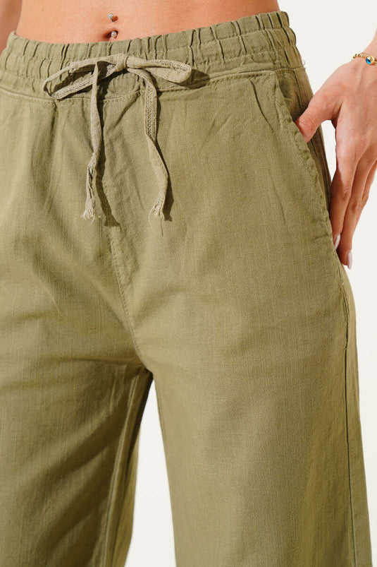 Beli Lastikli Geniş Paça Keten Pantolon Haki