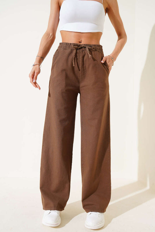 Leinenhose mit elastischem Bund und weitem Bein, braun
