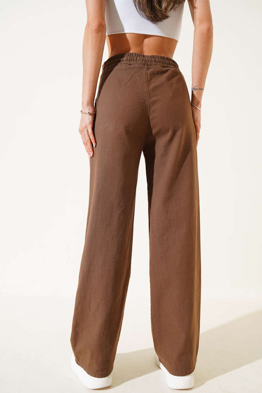 Leinenhose mit elastischem Bund und weitem Bein, braun