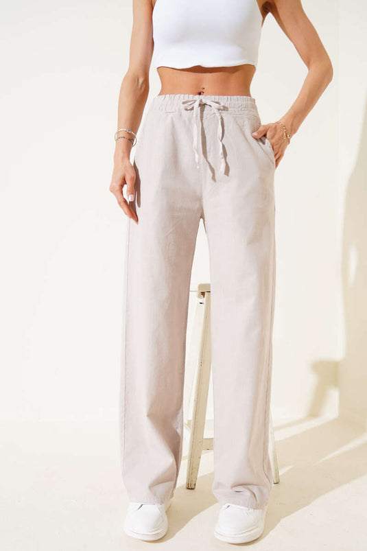 Leinenhose mit elastischem Bund und weitem Bein, Stein