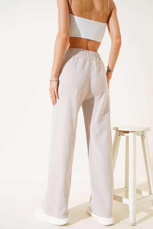 Leinenhose mit elastischem Bund und weitem Bein, Stein