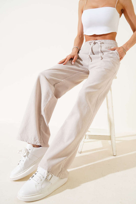 Leinenhose mit elastischem Bund und weitem Bein, Stein