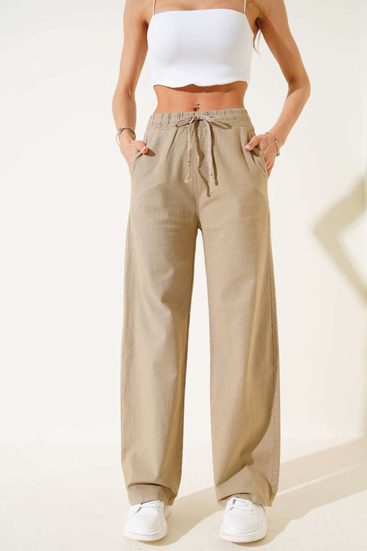 Leinenhose mit elastischem Bund und weitem Bein, Nerz