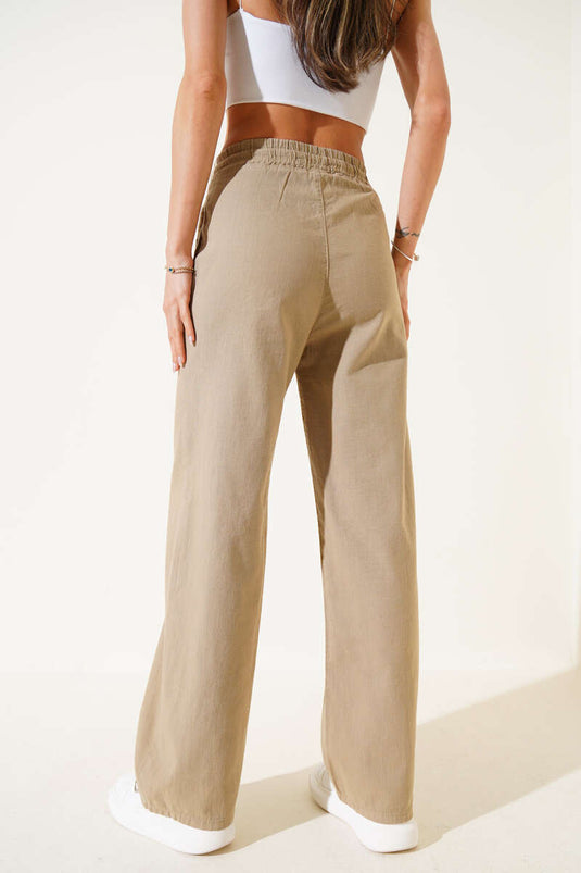 Leinenhose mit elastischem Bund und weitem Bein, Nerz