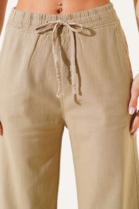 Beli Lastikli Geniş Paça Keten Pantolon Vizon