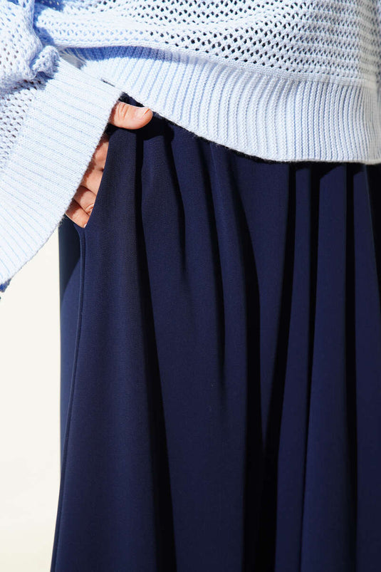 Pantalones Anchos De Tela Con Cintura Elástica Azul Marino