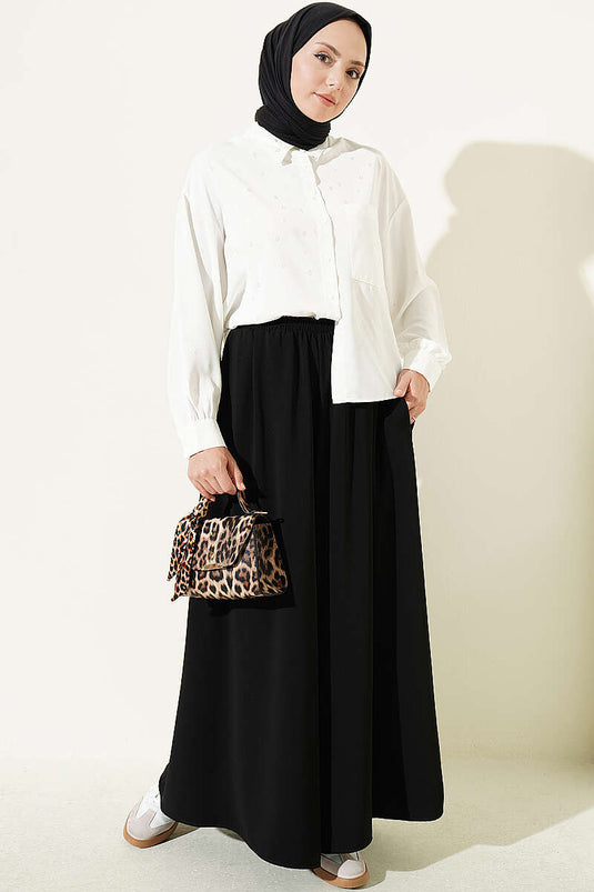 Pantalon Large En Tissu À Taille Élastique Noir